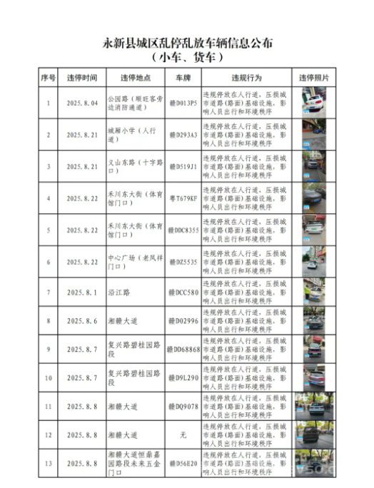 永新县城区8月份上旬小车、货车乱停乱放行为曝光